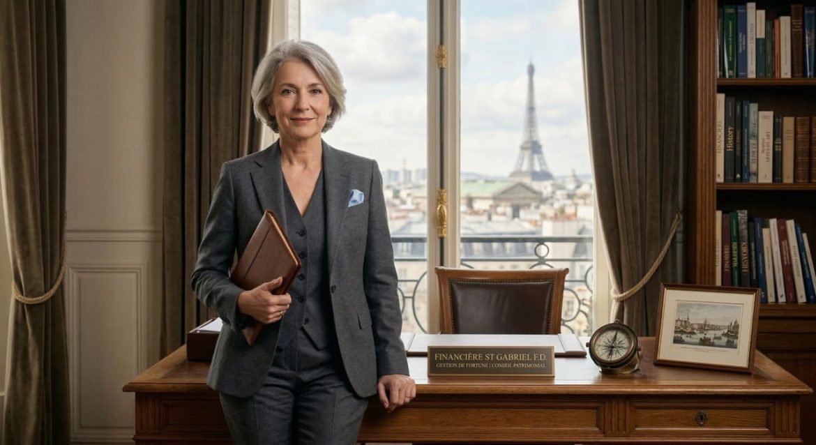 Portrait professionnel de la dirigeante de FINANCIÈRE ST GABRIEL F.D, élégante en costume gris, posant devant une fenêtre ouvrant sur la Tour Eiffel à Paris. Elle tient un porte-documents en cuir près d'un bureau où l'on distingue une plaque nominative de la firme et des artefacts marins historiques