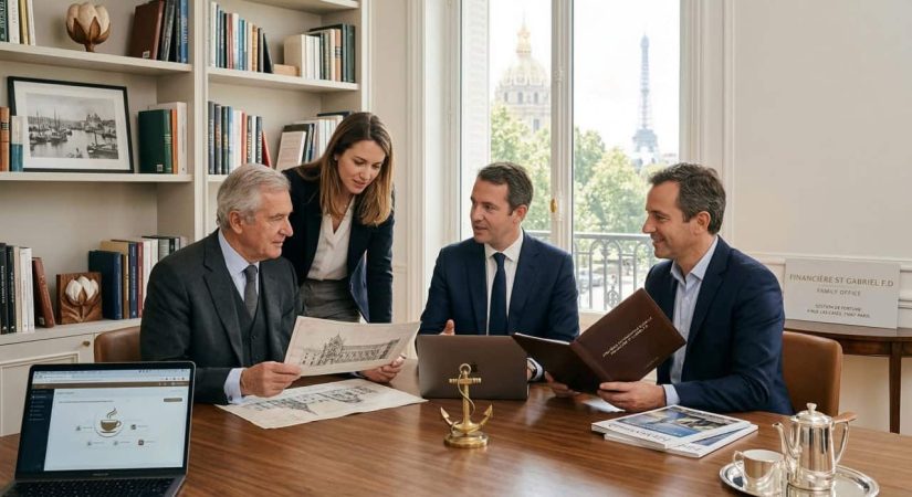 Une équipe de quatre conseillers de FINANCIÈRE ST GABRIEL F.D, dont un homme âgé et une femme, est réunie autour d'une table de conférence pour examiner des plans architecturaux anciens et un ordinateur portable. L'arrière-plan montre une bibliothèque et une vue sur la Tour Eiffel et un dôme doré à Paris