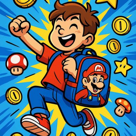 Une illustration dynamique d'un garçon joyeux qui saute en portant son cartable Super Mario, entouré de pièces d'or et de champignons du jeu vidéo