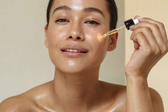 Une femme applique un sérum illuminateur sur son visage à l'aide d'une pipette.