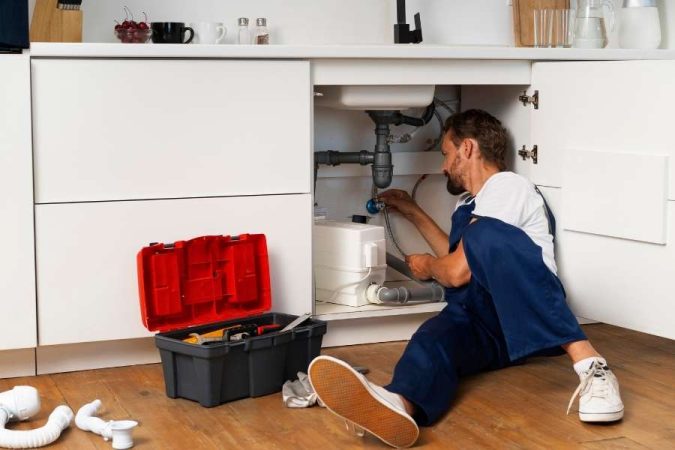 Un plombier en tenue de travail bleue effectue la maintenance d'une installation sanitaire sous l'évier d'une cuisine moderne.